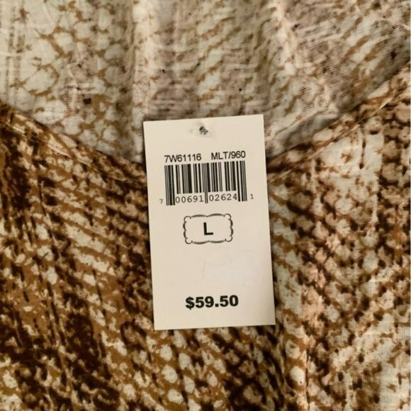 Lucky brand womens 3/4 bell sleeve top in brown and cream snake skin print -L - Picture 6 of 8